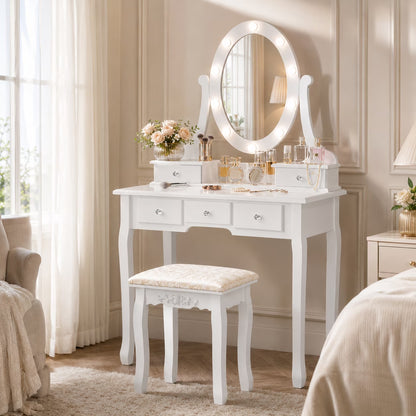 Vanity Table 10 LED Lights, 5 Drawers Makeup Dressing Desk with Cushioned Stool Set,Bedroom Vanities Set White