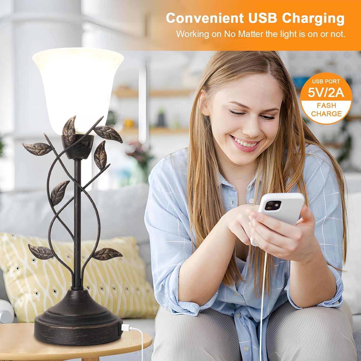 Bedside Lamps for Bedrooms Set of 2 Table Lamps for Living Room 3 Way Dimmable with Dual USB Charging Ports for Touch Control with White Glass Shade and Retro Leaf Body, Bulbs Included