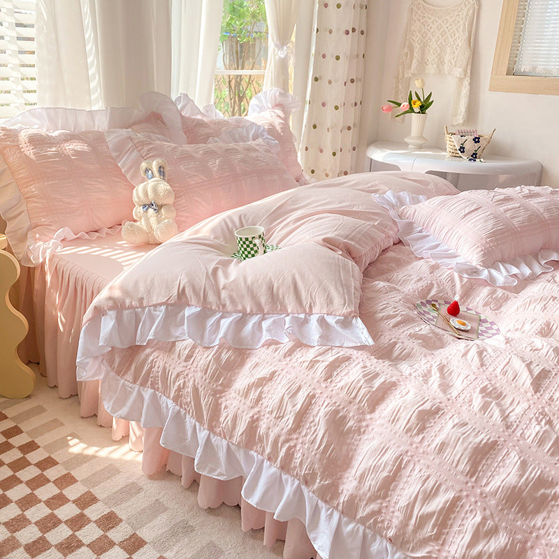 Dawn Aura 4-Piece Bedding Set - Sleep is your highest-yield biological asset. Shield your mind from digital exhaustion with this premium rose-hued quilt cover and bed skirt. Engineered for absolute cognitive recovery. Secure your sanctuary.