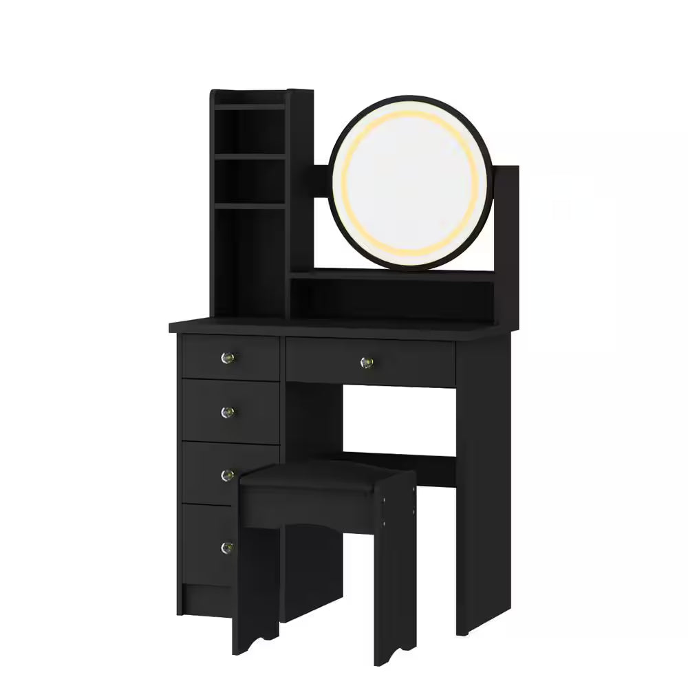 5-Drawers Black Wood Makeup Vanity Set Dressing Desk W/Stool, LED round Mirror and Storage Shelves