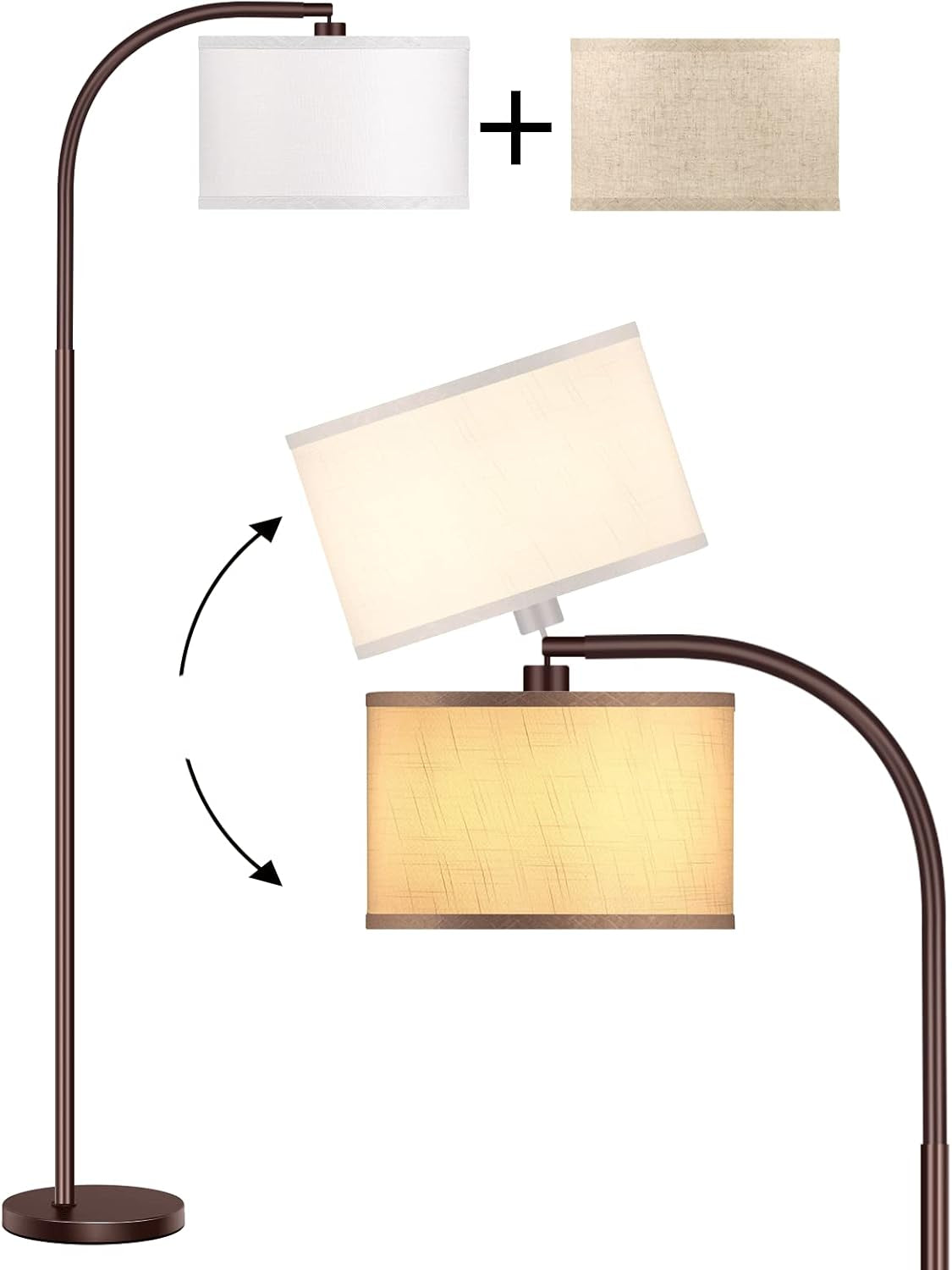 ROTTONEGGON Floor Lamp for Living Room, Oil-Rubbed Bronze LED Standing Lamp with 2 Lamp Shades (Beige/White), Tall Reading Lamp for Bedroom Study