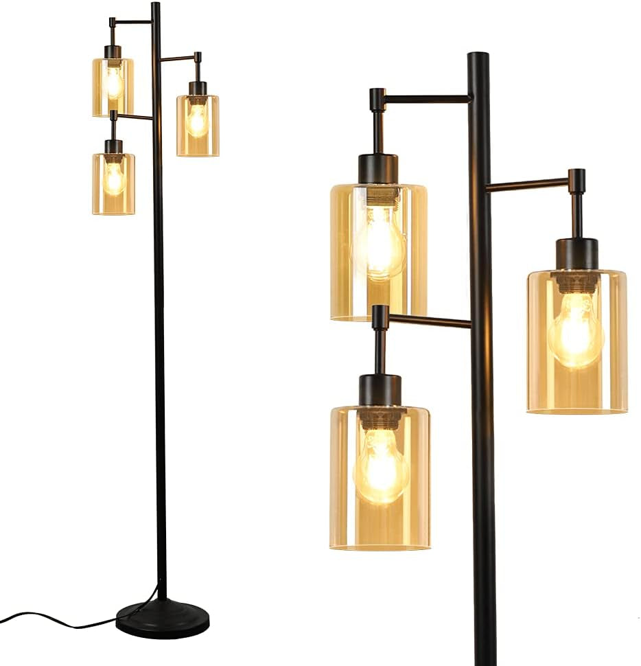 Industrial Tree Floor Lamp for Living Room, Rustic Standing LED Lamp with 3 Elegant Amber Glass Shade, Retro Pole Tall Floor Light for Home, Bedroom, Office, Reading (E26 Base Bulbs Included)