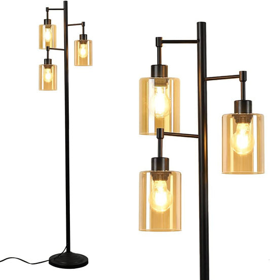 Industrial Tree Floor Lamp for Living Room, Rustic Standing LED Lamp with 3 Elegant Amber Glass Shade, Retro Pole Tall Floor Light for Home, Bedroom, Office, Reading (E26 Base Bulbs Included)