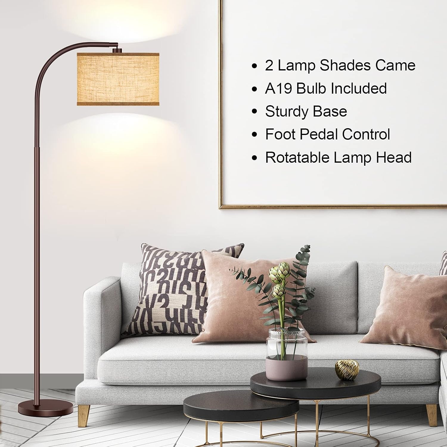 ROTTONEGGON Floor Lamp for Living Room, Oil-Rubbed Bronze LED Standing Lamp with 2 Lamp Shades (Beige/White), Tall Reading Lamp for Bedroom Study