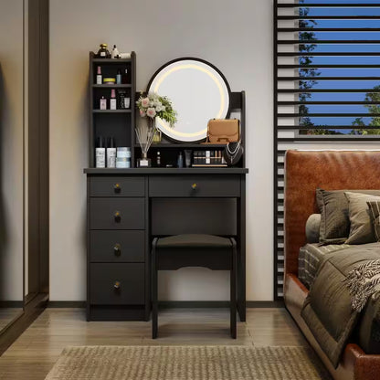 5-Drawers Black Wood Makeup Vanity Set Dressing Desk W/Stool, LED round Mirror and Storage Shelves