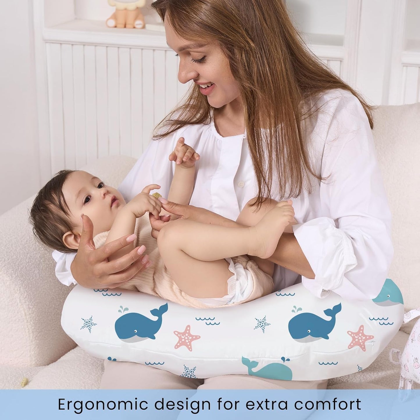 Nursing Pillow for Breastfeeding, Soft and Supportive Breastfeeding Pillow for Mom and Baby, Cute Feeding Pillow with Removable Cover for 0–12 Months, Whale
