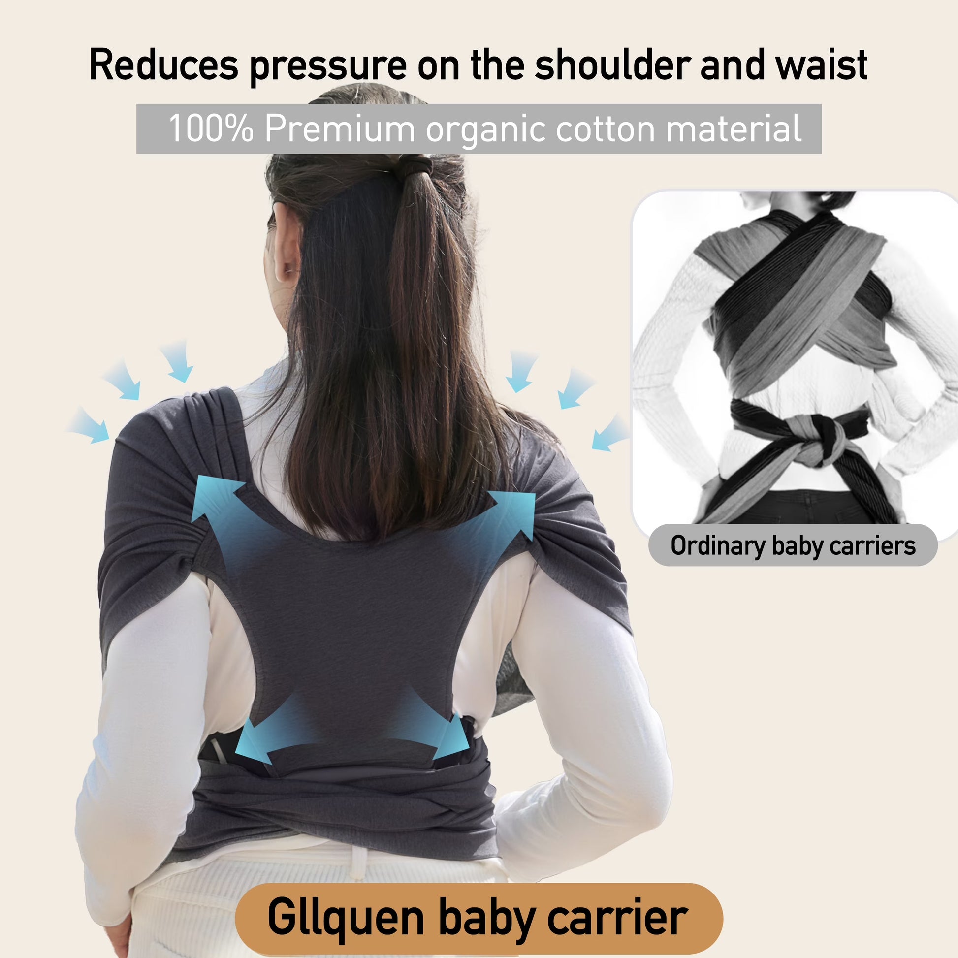 Gllquen Baby Wrap Carriers Organic Cotton Slings, for Toddlers, Infant, Newborn 35 Lbs, Dark Gray