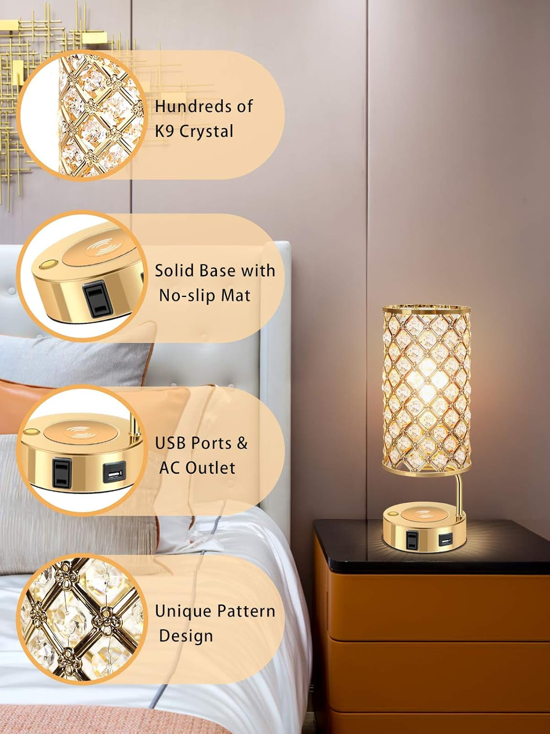 Touch Control Crystal Table Lamp, 3 Way Dimmable Wireless Charging Table Lamp, USB Bedside Light with Crystal Shade, Modern Nightstand Lamps for Bedroom Living Room (Bulb Included) (Gold)