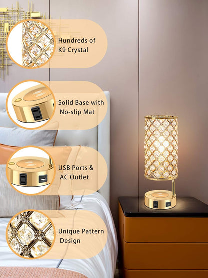 Touch Control Crystal Table Lamp, 3 Way Dimmable Wireless Charging Table Lamp, USB Bedside Light with Crystal Shade, Modern Nightstand Lamps for Bedroom Living Room (Bulb Included) (Gold)