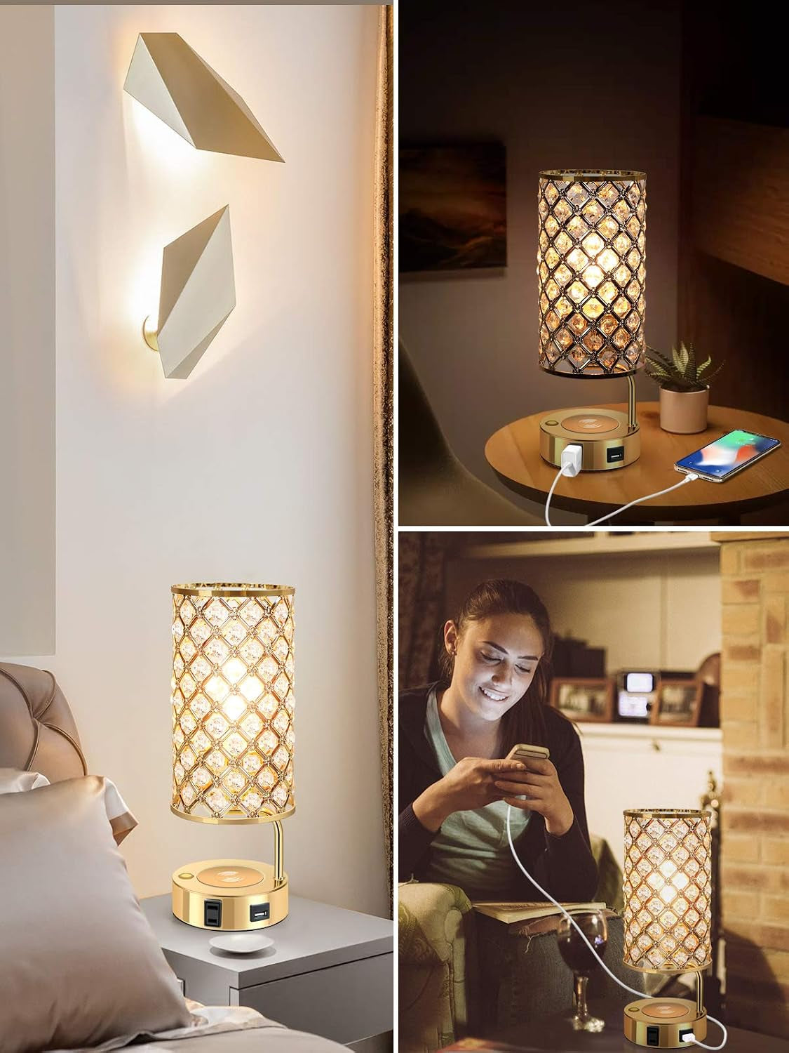 Touch Control Crystal Table Lamp, 3 Way Dimmable Wireless Charging Table Lamp, USB Bedside Light with Crystal Shade, Modern Nightstand Lamps for Bedroom Living Room (Bulb Included) (Gold)