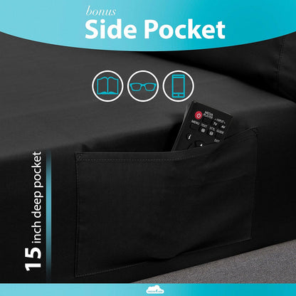 Obsidian Cal-King Cooling Set - Hypoallergenic, thermal-regulating sheets engineered for elite biological recovery. Features tactical side pockets to definitively banish digital devices from your immediate sleep architecture. Master your downtime.