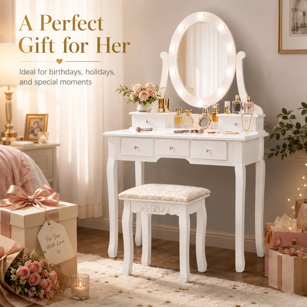 Vanity Table 10 LED Lights, 5 Drawers Makeup Dressing Desk with Cushioned Stool Set,Bedroom Vanities Set White