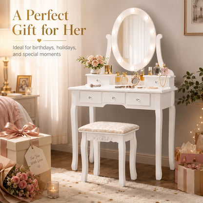 Vanity Table 10 LED Lights, 5 Drawers Makeup Dressing Desk with Cushioned Stool Set,Bedroom Vanities Set White