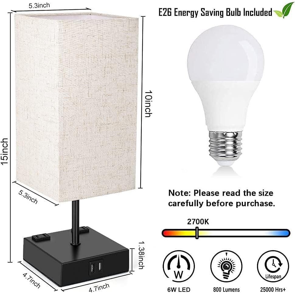 Set of 2 Touch Control Table Lamps,2 USB Ports,2 AC Outlet,3 Way Dimmable Modern Bedside Nightstand Lamp with Fabric Shade,For Living Room Bedroom Hotel,Led Bulb Included(2 Pack)
