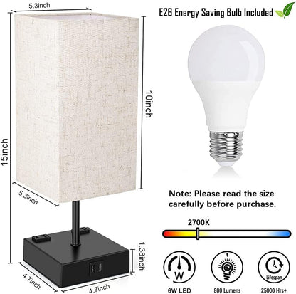 Set of 2 Touch Control Table Lamps,2 USB Ports,2 AC Outlet,3 Way Dimmable Modern Bedside Nightstand Lamp with Fabric Shade,For Living Room Bedroom Hotel,Led Bulb Included(2 Pack)