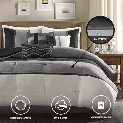 Palisades Comforter Set Modern Faux Suede Pieced Stripe Design, All Season down Alternative Cozy Bedding with Matching Shams, Decorative Pillows, Cal King(104"X92"), Black 7 Piece