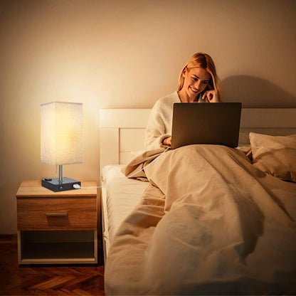 USB Table Lamp for Bedroom, Minimalist Nightstand Table Lamp with Dual USB Ports, Bedside Desk Lamps with Grey Fabric Shade Side Lamps for Living Room, Office, Kids Room, Study (Set of 2)