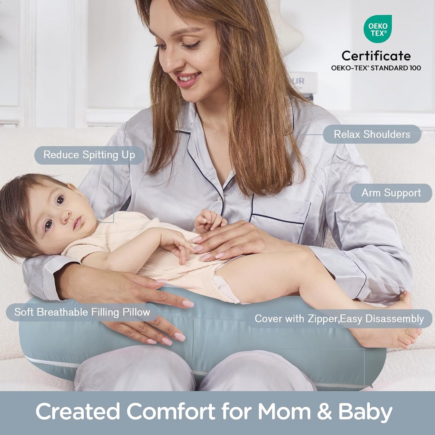 U-Shaped Nursing Pillow with Washable Cover,Blue | Ergonomic U-Shaped Breastfeeding Support Pillow for Mom and Baby, Featuring a Soft, Breathable and Washable Cover