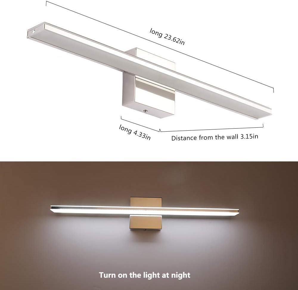 Chrome Bathroom Light Fixtures 24 Inch Bath Wall Lighting IP44 14W Vanity Lamp Bar Modern LED Lights for Vanity Rectangle Bathroom Lamps over Mirror Acrylic Restroom Sink Light