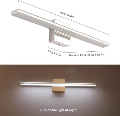 Chrome Bathroom Light Fixtures 24 Inch Bath Wall Lighting IP44 14W Vanity Lamp Bar Modern LED Lights for Vanity Rectangle Bathroom Lamps over Mirror Acrylic Restroom Sink Light