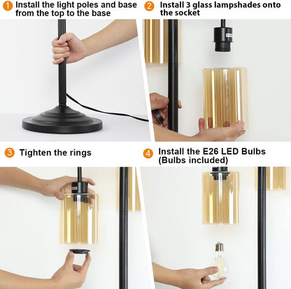 Industrial Tree Floor Lamp for Living Room, Rustic Standing LED Lamp with 3 Elegant Amber Glass Shade, Retro Pole Tall Floor Light for Home, Bedroom, Office, Reading (E26 Base Bulbs Included)