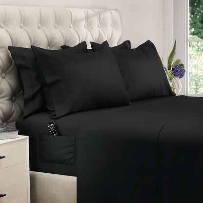 Obsidian Cal-King Cooling Set - Hypoallergenic, thermal-regulating sheets engineered for elite biological recovery. Features tactical side pockets to definitively banish digital devices from your immediate sleep architecture. Master your downtime.