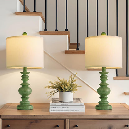 20" Sage Green Table Lamps Set of 2 – Farmhouse Resin Bedside Lamps with Linen Shades, Handcrafted Traditional Rustic Lamp for Bedroom, Living Room, or Corner – Ideal for Small Spaces