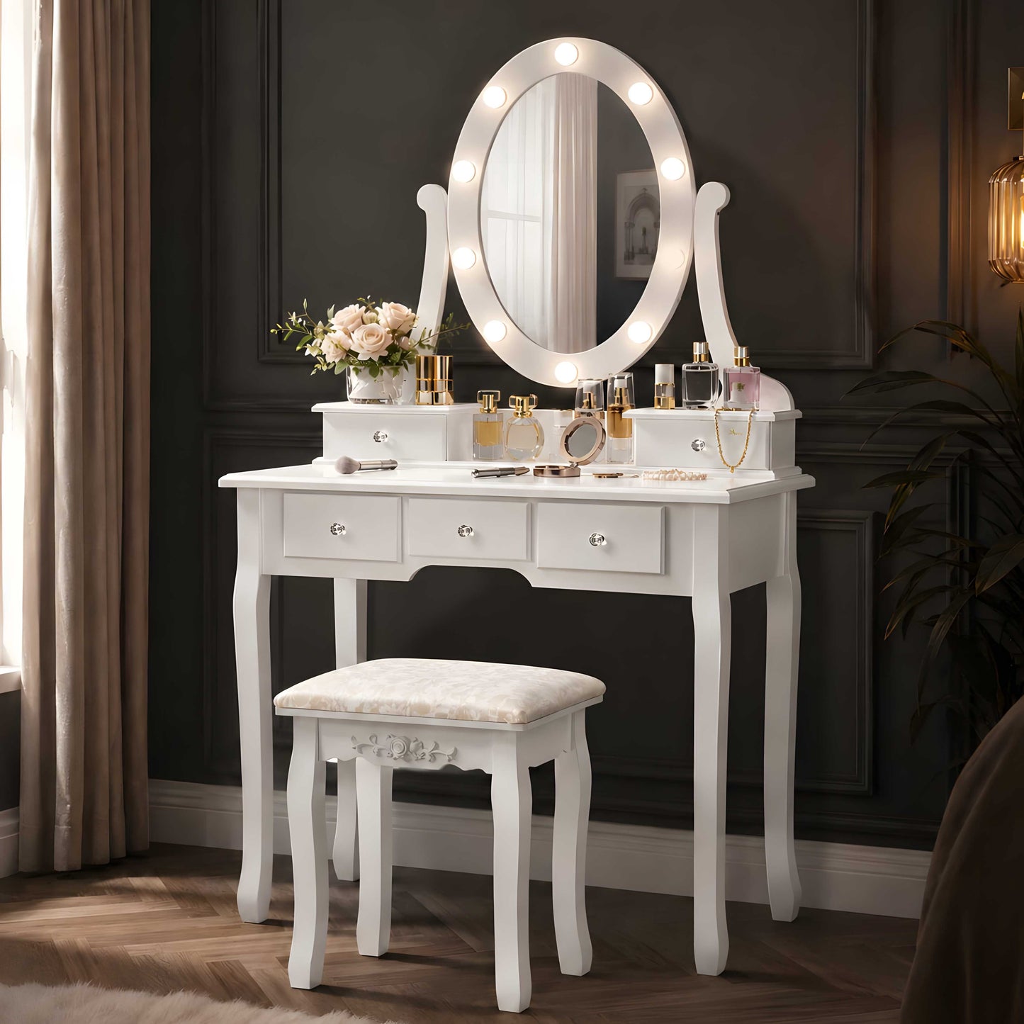 Vanity Table 10 LED Lights, 5 Drawers Makeup Dressing Desk with Cushioned Stool Set,Bedroom Vanities Set White