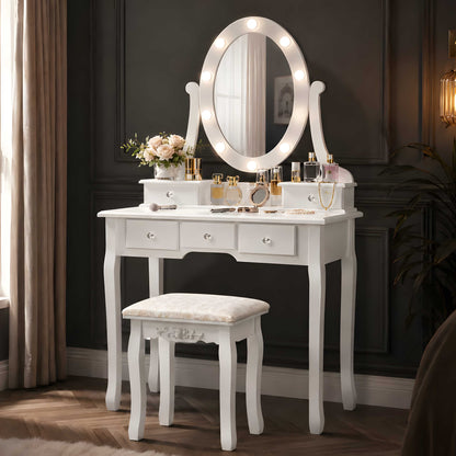 Vanity Table 10 LED Lights, 5 Drawers Makeup Dressing Desk with Cushioned Stool Set,Bedroom Vanities Set White
