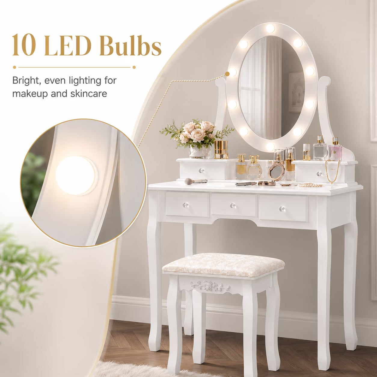 Vanity Table 10 LED Lights, 5 Drawers Makeup Dressing Desk with Cushioned Stool Set,Bedroom Vanities Set White