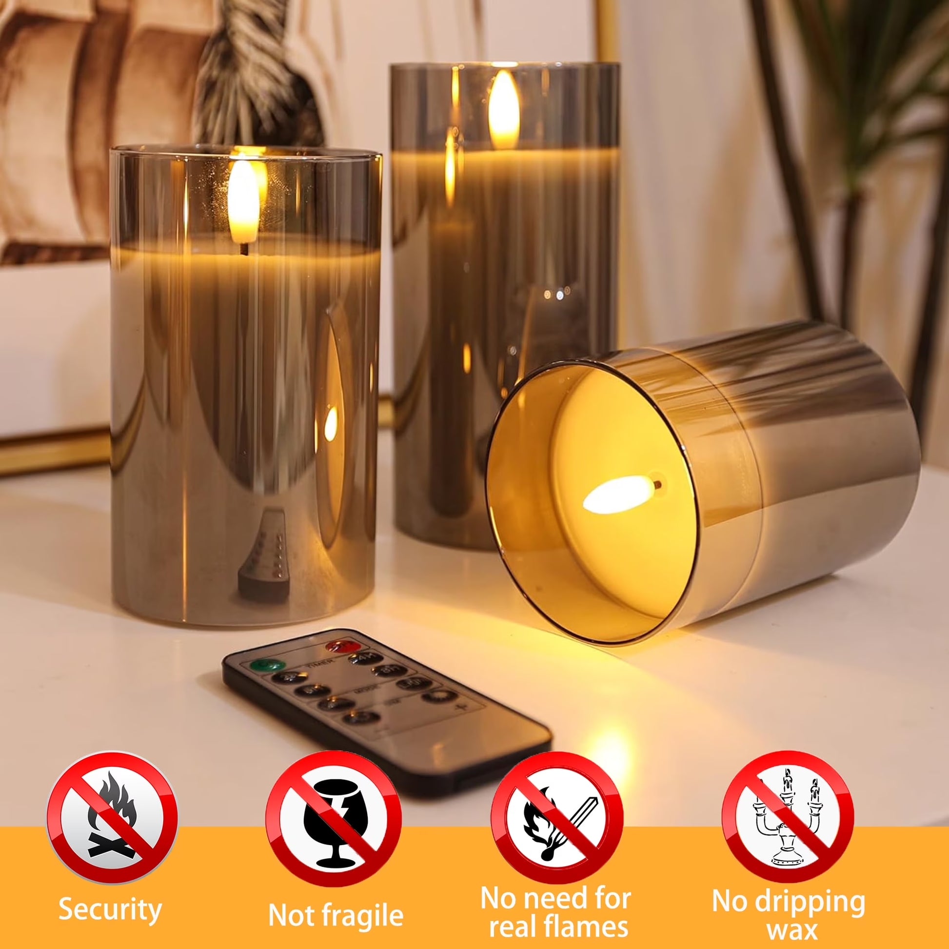Flameless Candles Flickering with Remote and Timer,3D Wick Acrylic Electric Fake Candles, Battery Operated LED Pillar Candle-Gray 4''X5''X6''