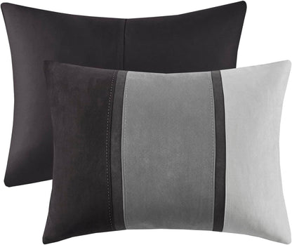 Palisades Comforter Set Modern Faux Suede Pieced Stripe Design, All Season down Alternative Cozy Bedding with Matching Shams, Decorative Pillows, Cal King(104"X92"), Black 7 Piece