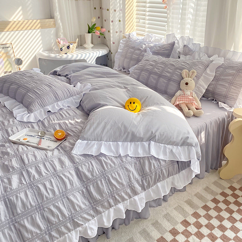Dawn Aura 4-Piece Bedding Set - Sleep is your highest-yield biological asset. Shield your mind from digital exhaustion with this premium rose-hued quilt cover and bed skirt. Engineered for absolute cognitive recovery. Secure your sanctuary.