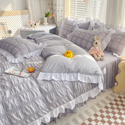 Dawn Aura 4-Piece Bedding Set - Sleep is your highest-yield biological asset. Shield your mind from digital exhaustion with this premium rose-hued quilt cover and bed skirt. Engineered for absolute cognitive recovery. Secure your sanctuary.