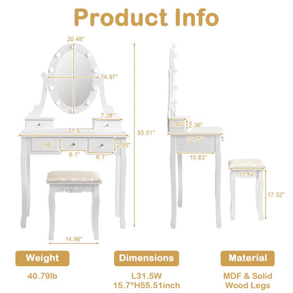 Vanity Table 10 LED Lights, 5 Drawers Makeup Dressing Desk with Cushioned Stool Set,Bedroom Vanities Set White