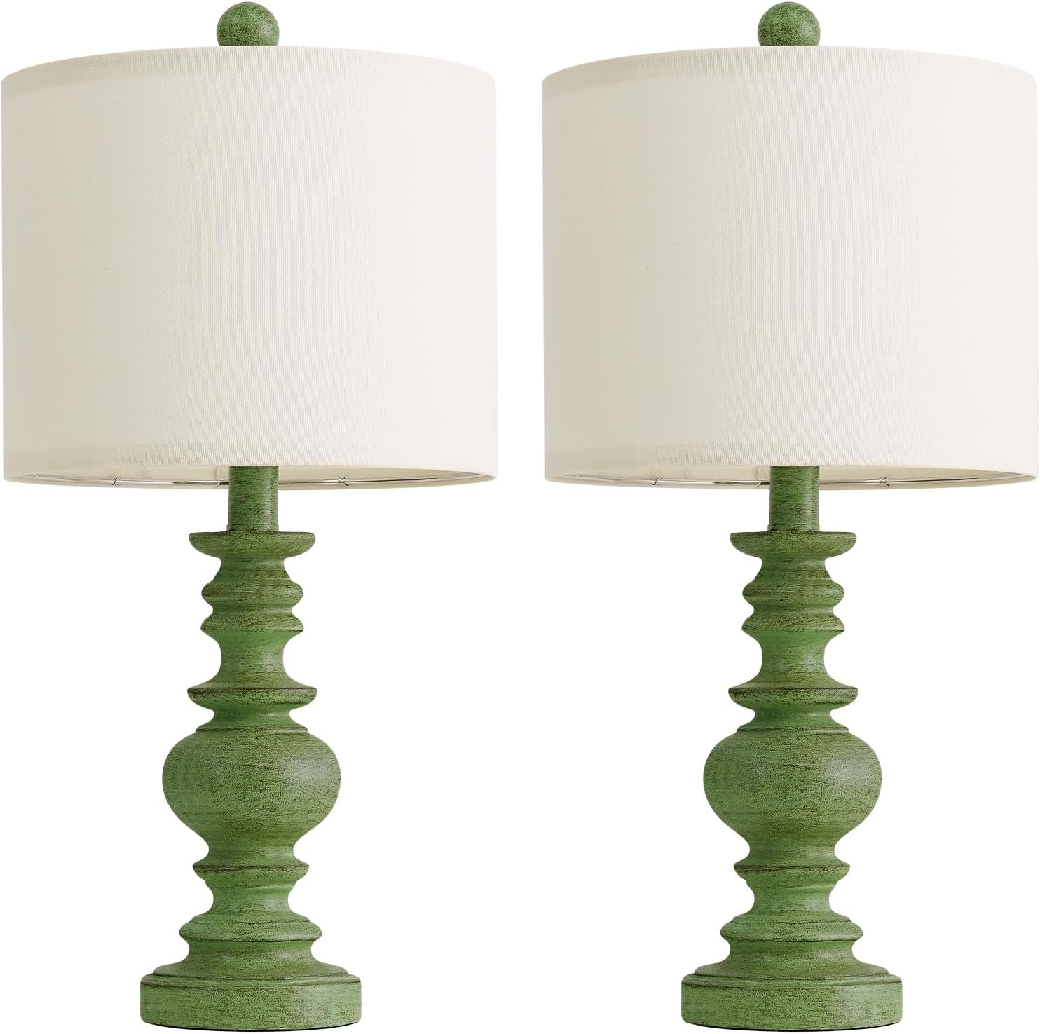 20" Sage Green Table Lamps Set of 2 – Farmhouse Resin Bedside Lamps with Linen Shades, Handcrafted Traditional Rustic Lamp for Bedroom, Living Room, or Corner – Ideal for Small Spaces