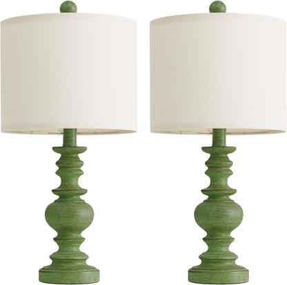 20" Sage Green Table Lamps Set of 2 – Farmhouse Resin Bedside Lamps with Linen Shades, Handcrafted Traditional Rustic Lamp for Bedroom, Living Room, or Corner – Ideal for Small Spaces