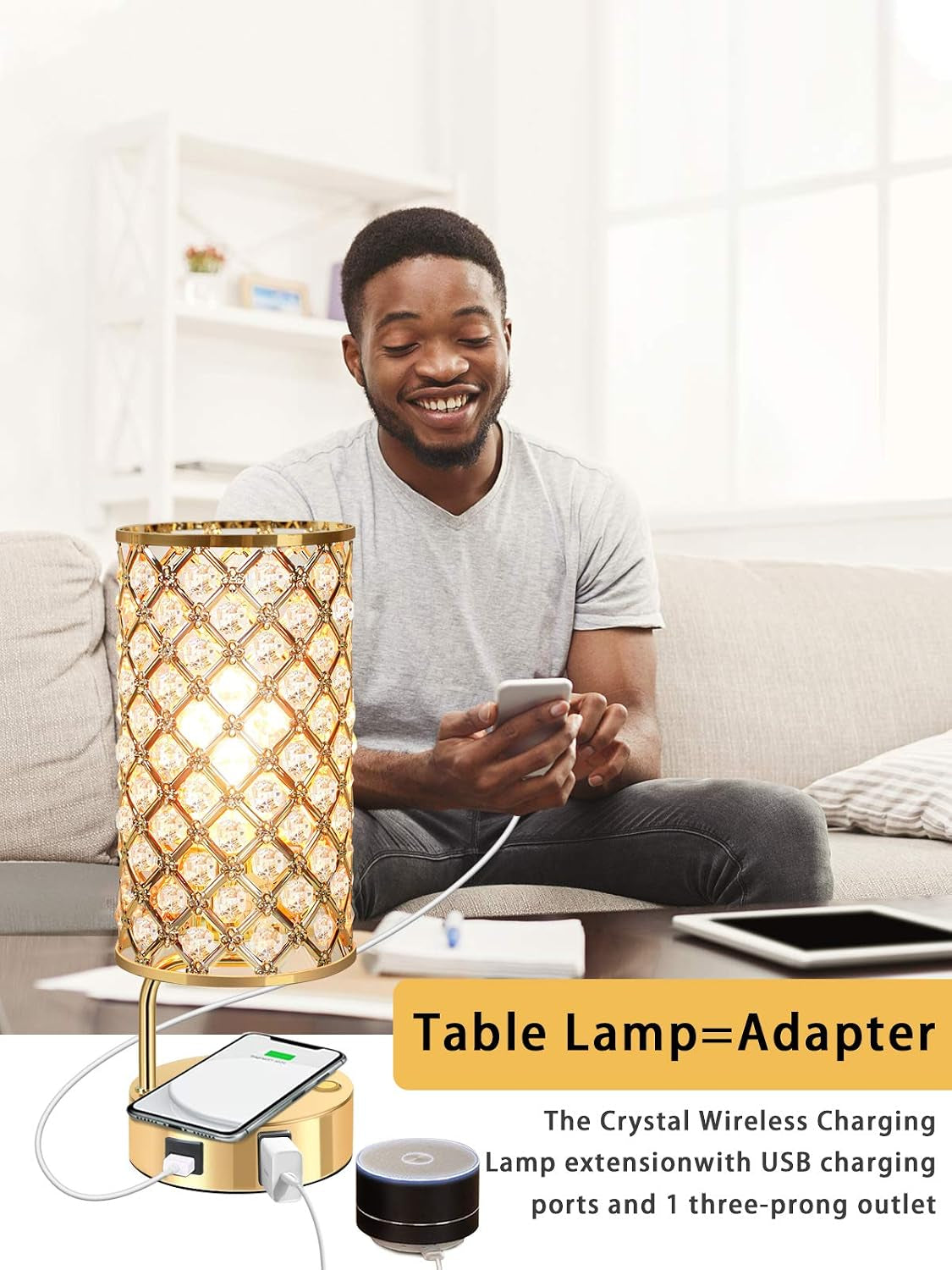 Touch Control Crystal Table Lamp, 3 Way Dimmable Wireless Charging Table Lamp, USB Bedside Light with Crystal Shade, Modern Nightstand Lamps for Bedroom Living Room (Bulb Included) (Gold)