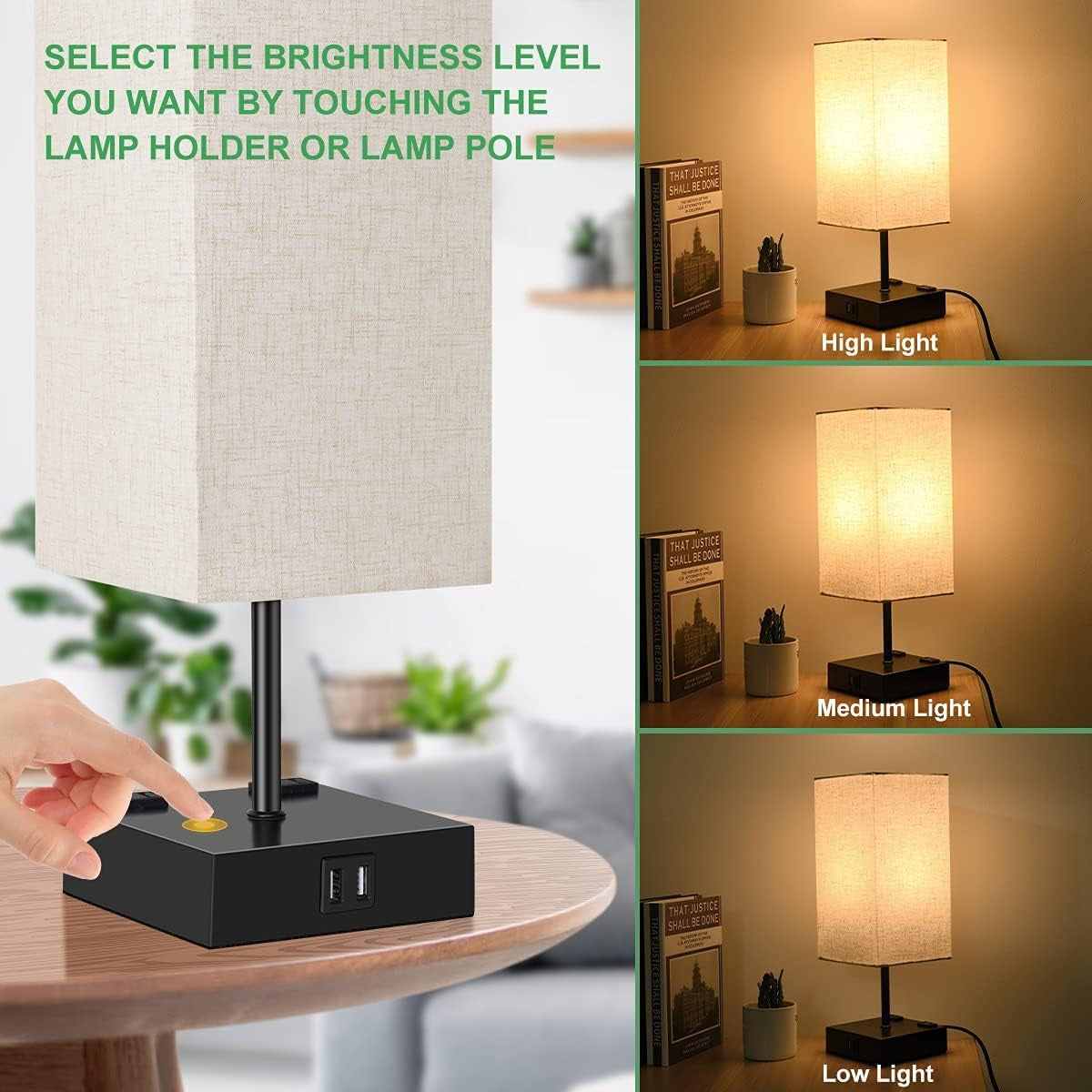 Set of 2 Touch Control Table Lamps,2 USB Ports,2 AC Outlet,3 Way Dimmable Modern Bedside Nightstand Lamp with Fabric Shade,For Living Room Bedroom Hotel,Led Bulb Included(2 Pack)