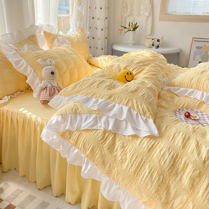 Dawn Aura 4-Piece Bedding Set - Sleep is your highest-yield biological asset. Shield your mind from digital exhaustion with this premium rose-hued quilt cover and bed skirt. Engineered for absolute cognitive recovery. Secure your sanctuary.