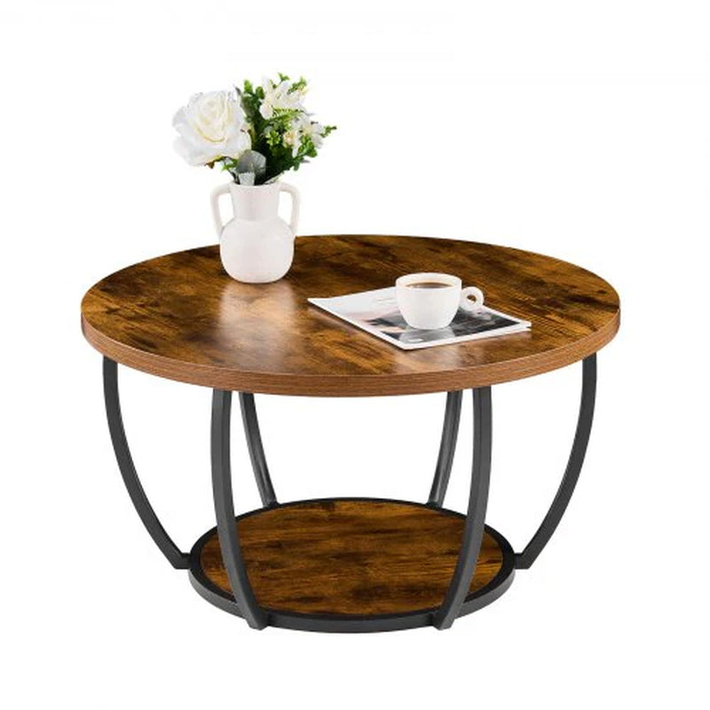 Coffee Table, Modern round Coffee Table, 2 Tiers Wooden Circle Center Desk with Open Storage, Minimalist Sturdy Metal Frame Accent End Desk for Living Room, Office, Easy Assembly, Rustic Brown