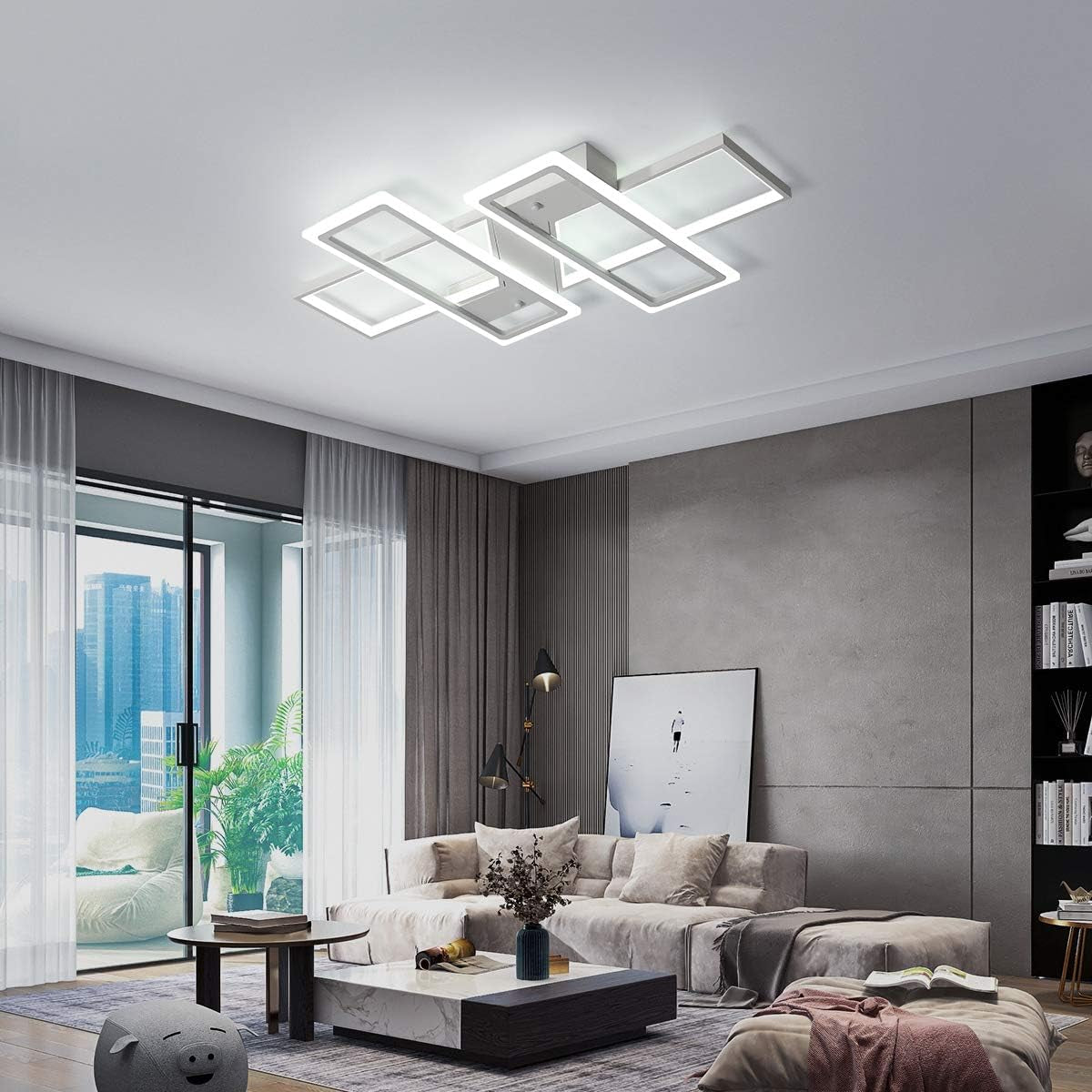 4-Square LED Flush Mount Ceiling Light, 80W Dimmable Remote, White | Modern Acrylic Flush Mount Light Fixture for Living Room, Bedroom, Dining Room & Kitchen. Remote Control Dimmable