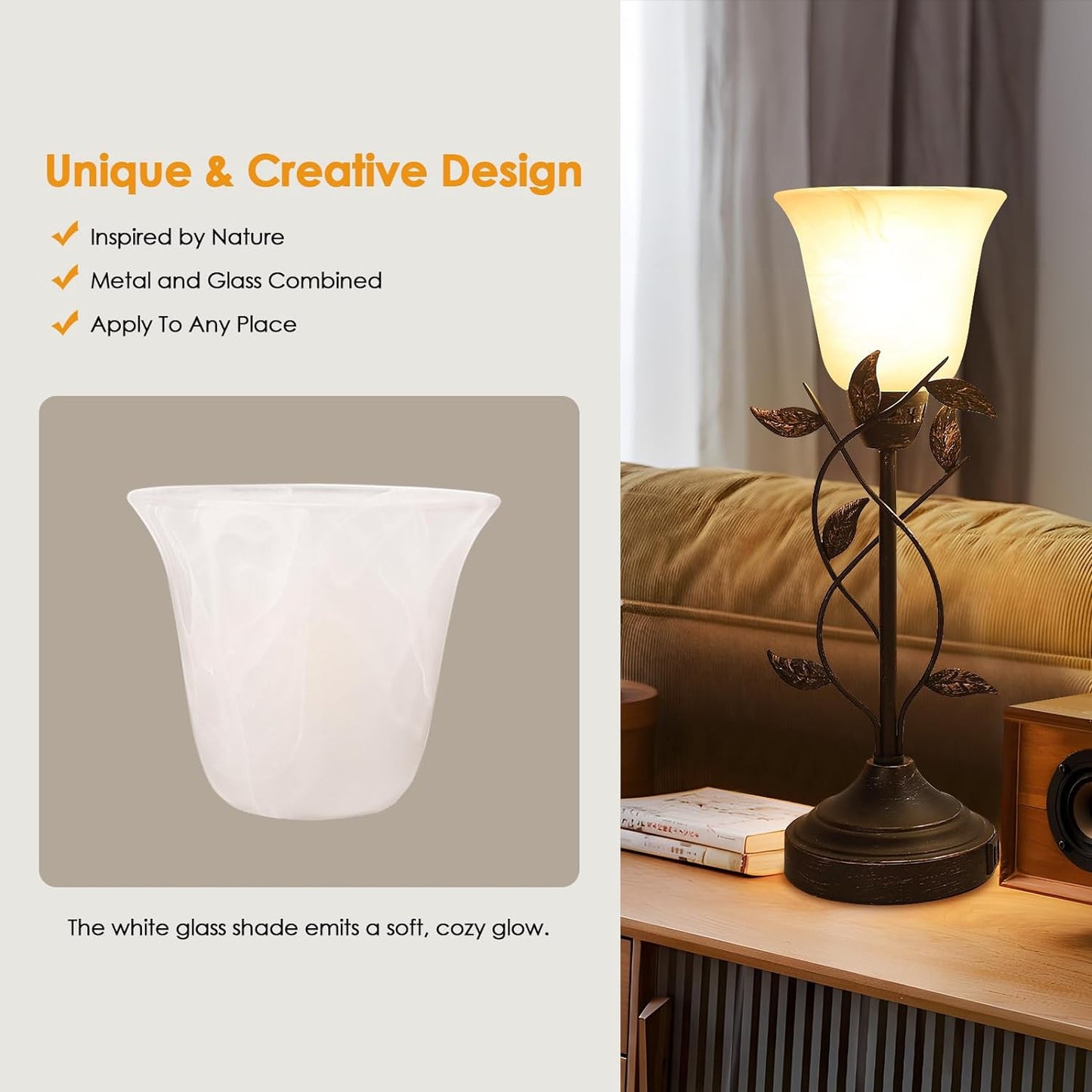Bedside Lamps for Bedrooms Set of 2 Table Lamps for Living Room 3 Way Dimmable with Dual USB Charging Ports for Touch Control with White Glass Shade and Retro Leaf Body, Bulbs Included
