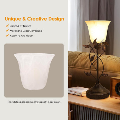 Bedside Lamps for Bedrooms Set of 2 Table Lamps for Living Room 3 Way Dimmable with Dual USB Charging Ports for Touch Control with White Glass Shade and Retro Leaf Body, Bulbs Included