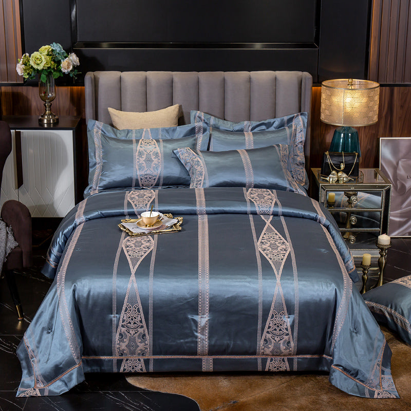 Glacial Silk Jacquard Bedding - Overheating is friction; friction destroys recovery. Optimize your biological downtime with elite thermoregulating linen and cotton. Engineered for stoic rest and peak morning performance.