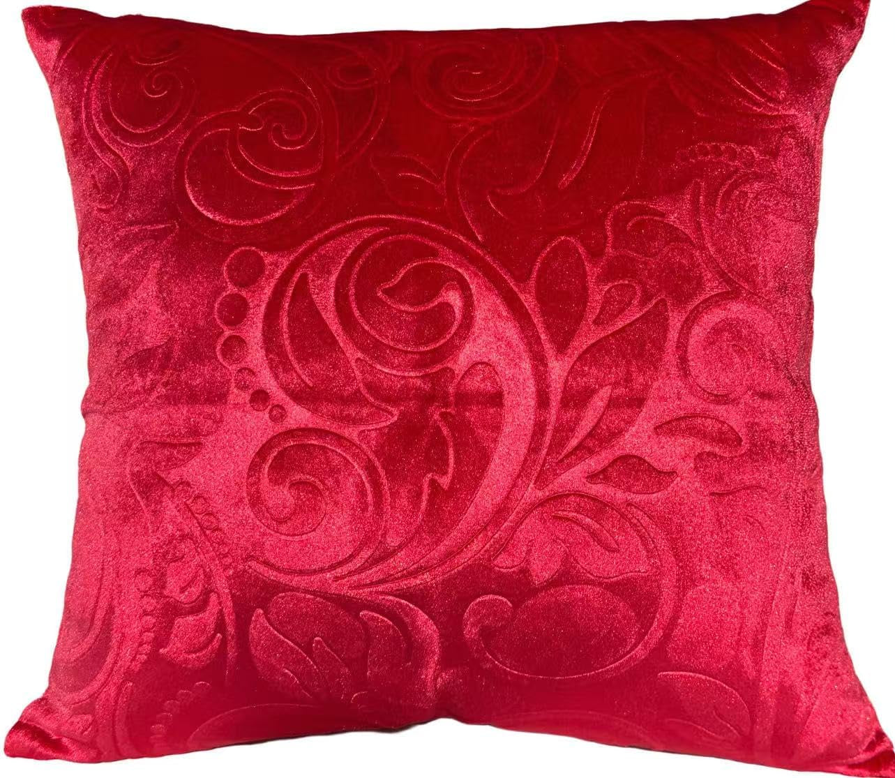 Heavy Velvet Embossing Throw Pillow Cover, Classis Floral Anaglyph Velvet Fabric, Euro Sham, European Throw Pillow Cover, Indoor/Outdoor - (26" X 26", C08 Red)