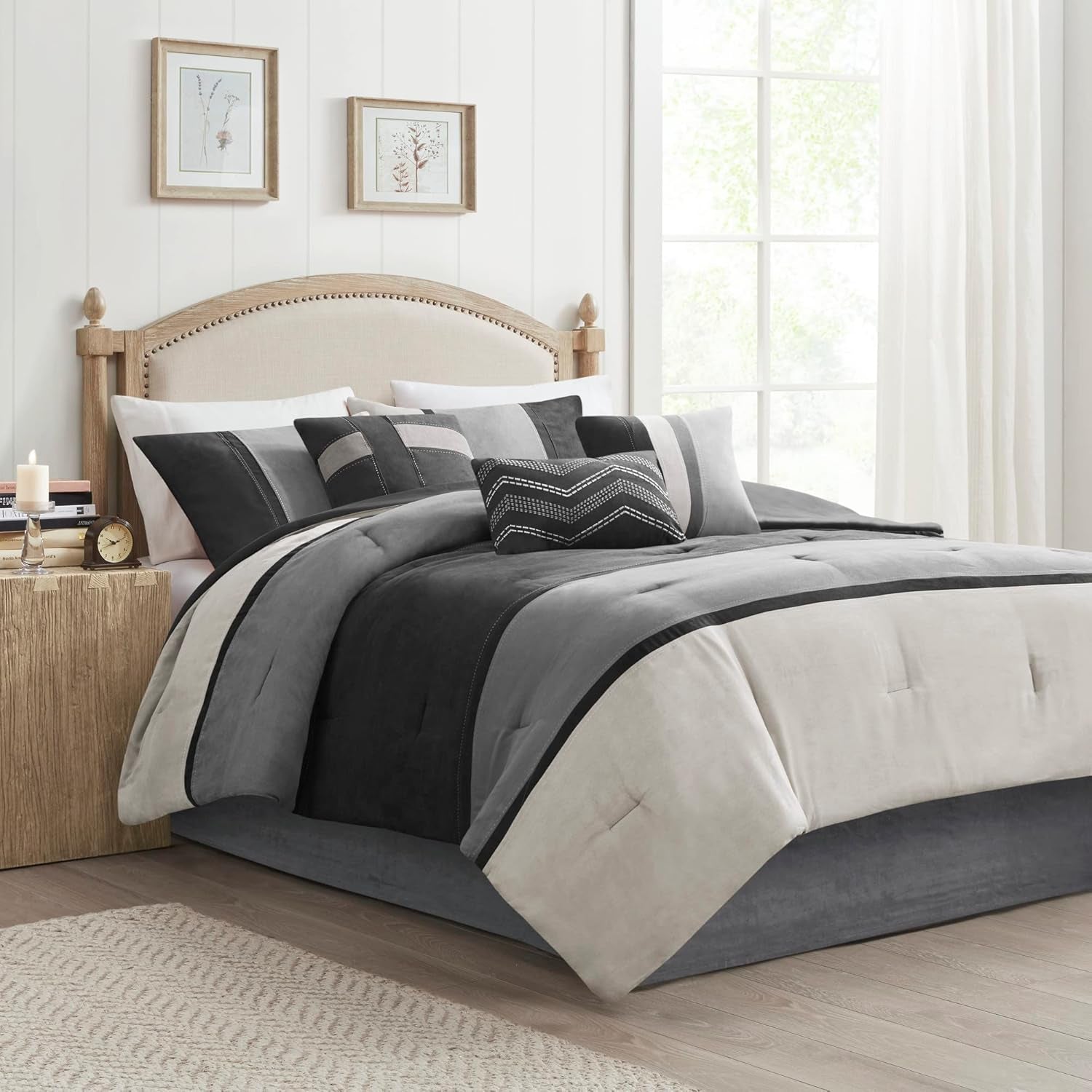 Palisades Comforter Set Modern Faux Suede Pieced Stripe Design, All Season down Alternative Cozy Bedding with Matching Shams, Decorative Pillows, Cal King(104"X92"), Black 7 Piece