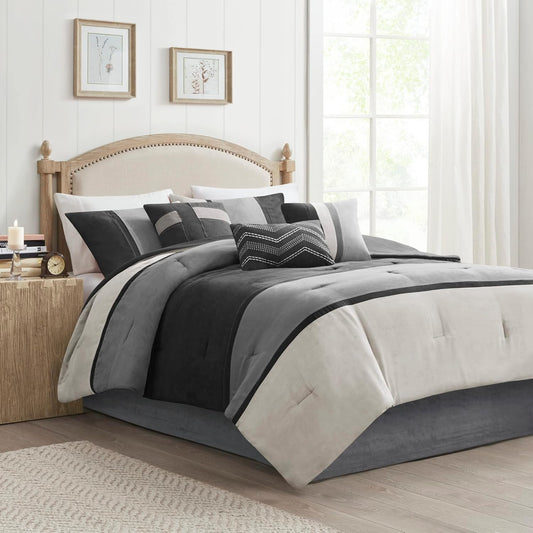 Palisades Comforter Set Modern Faux Suede Pieced Stripe Design, All Season down Alternative Cozy Bedding with Matching Shams, Decorative Pillows, Cal King(104"X92"), Black 7 Piece