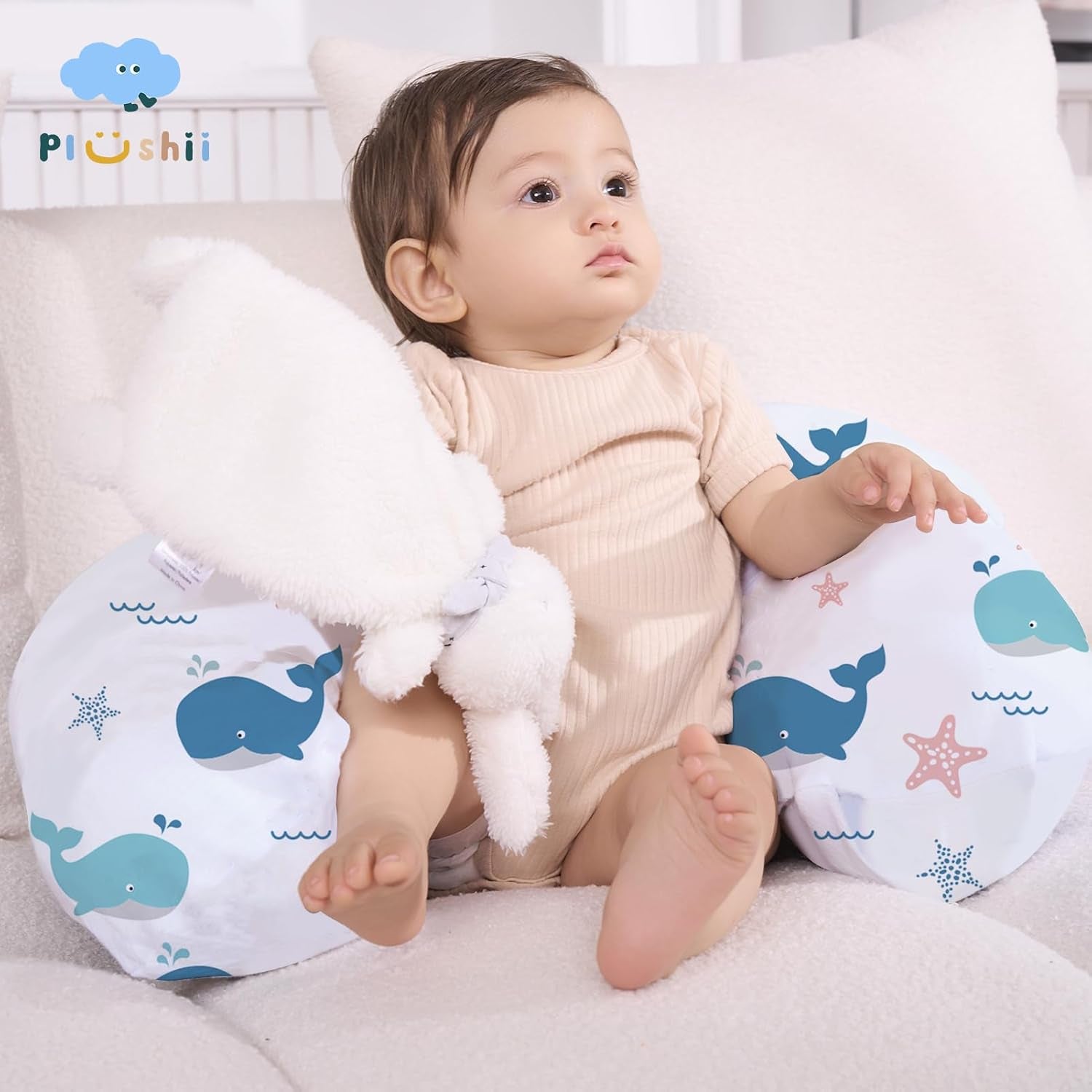 Nursing Pillow for Breastfeeding, Soft and Supportive Breastfeeding Pillow for Mom and Baby, Cute Feeding Pillow with Removable Cover for 0–12 Months, Whale