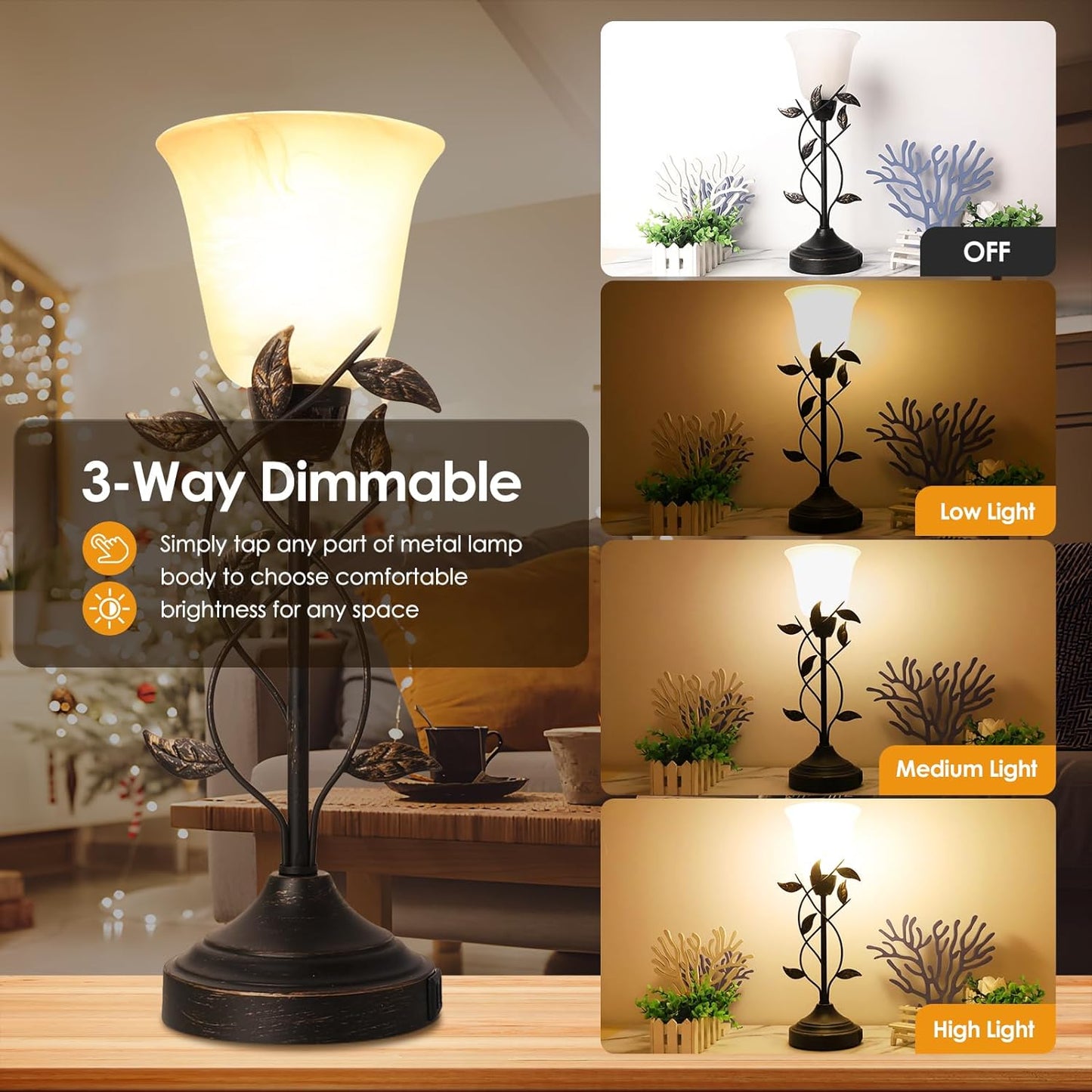 Bedside Lamps for Bedrooms Set of 2 Table Lamps for Living Room 3 Way Dimmable with Dual USB Charging Ports for Touch Control with White Glass Shade and Retro Leaf Body, Bulbs Included